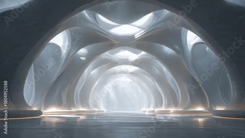 Conceptual architectural chamber with ribbon-like forms, luminous diffusion, and impeccable symmetry.
