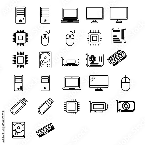 silhouette pack of computer parts think outline icons