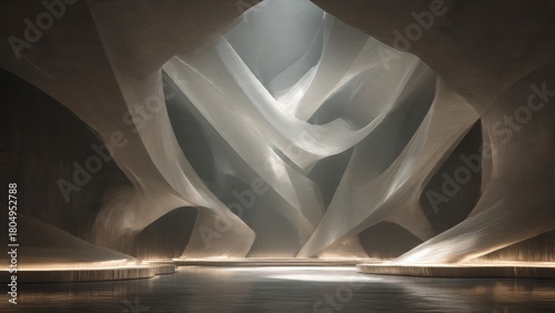 Conceptual architectural chamber with ribbon-like forms, luminous diffusion, and impeccable symmetry.
