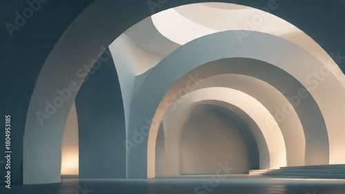 Calm abstract space with layered arcs, subtle highlights, and balanced architectural rhythm.

