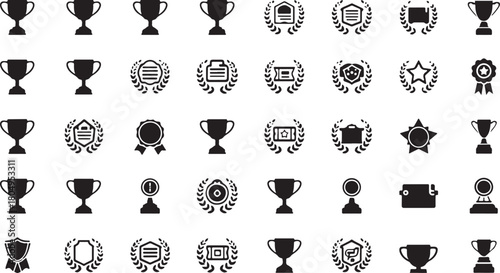 Collection of Award and Trophy Icons in Black Silhouette on White Background Keywords: award, trophy, prize, winner, success, achievement, champion, medal, ribbon, badge, laurel wreath