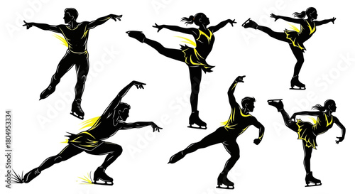 Elegant figure skaters gracefully performing dynamic routines on ice, a stunning display of athleticism and artistry for sports enthusiasts and event promotions