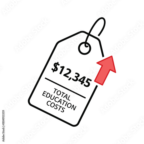 Rising education costs financial icon on a price tag with an upward red arrow, symbolizing increasing expenses for students.