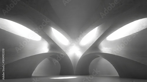 Architectural abstraction of intertwining curved surfaces, soft volumetric light, and perfect symmetry.
