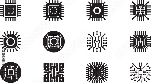 Collection of twelve stylized black icons representing computer microprocessors and circuit boards on a white background