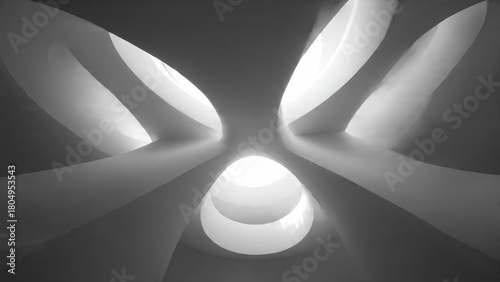 Architectural abstraction of intertwining curved surfaces, soft volumetric light, and perfect symmetry.
