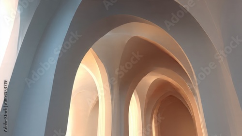 Abstract hall with sweeping curved structures, soft ambient light, and clean geometric layering in a refined minimal style.