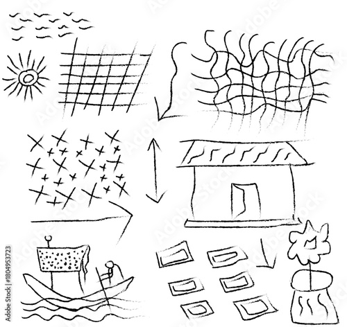 Sketch of village life elements including housing and transportation