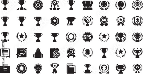 Diverse Set of Award and Achievement Icons Including Trophies Medals and Certificates Keywords: award, trophy, prize, winner, success, achievement, champion, medal, ribbon, badge, laurel wreath