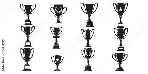 trophy cup champion award set collection pack bundle black shape icon silhouette vector flat illustration design on white background