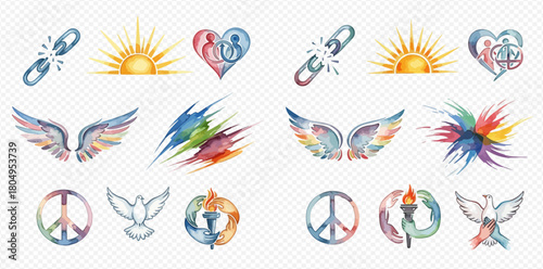 Watercolor collection of peace, freedom, hope, and unity symbols including broken chains, sunrises, hearts, wings, peace signs, doves, and torches.