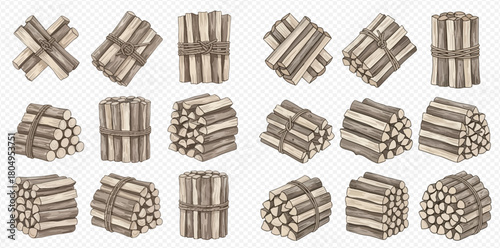Watercolor illustration set of various stacked and bundled firewood logs, perfect for rustic and cozy designs.