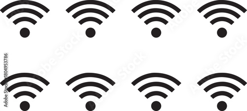 Eight identical black wifi signal icons arranged in two rows on a white background Keywords: wifi, signal, icon, wireless, network, internet, connection, technology, communication, symbol