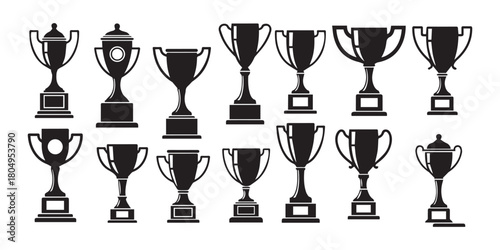 trophy cup champion award set collection pack bundle black shape icon silhouette vector flat illustration design on white background