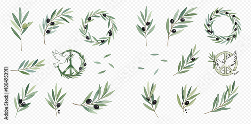 Collection of watercolor olive branches, wreaths, and peace symbols with doves on a transparent background.