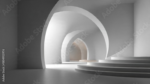 Abstract hall with sweeping curved structures, soft ambient light, and clean geometric layering in a refined minimal style.