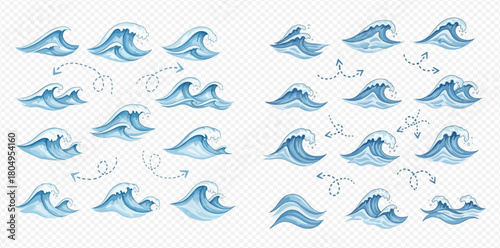 Set of blue ocean waves with white foam and dotted arrows, depicting various water movements and sea elements on a transparent background.
