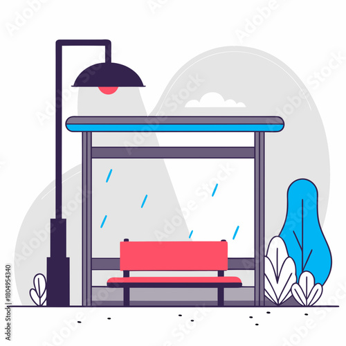 A modern cartoon bus stop with a street lamp isolated on