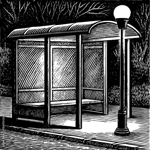 A black and white illustration of a bus stop with a street lamp nearby