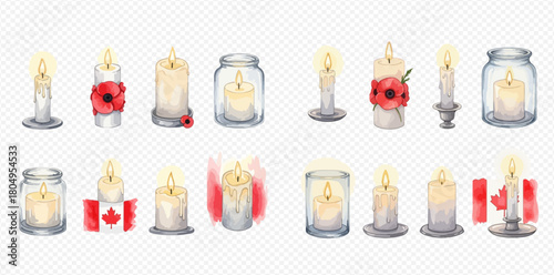 A collection of watercolor illustrations depicting various lit candles, some adorned with red poppies and others featuring Canadian flag elements, suitable for remembrance or national holidays.