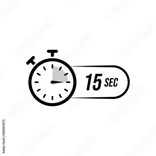 Clean vector stopwatch icon showing a fifteen-second indicator with a bold label, illustrating quick timing, short intervals, fast tasks, and efficient countdown tracking in a modern minimal style.