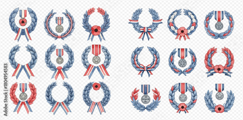 A collection of patriotic wreaths with medals and poppies, featuring red, white, and blue ribbons, symbolizing remembrance and honor.