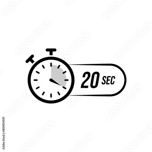 Minimal vector stopwatch icon showing a twenty-second countdown indicator with a clear numeric label, representing short timing intervals, quick tracking, and precise time measurement.