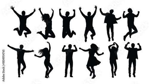Energetic people silhouettes jumping and dancing isolated on white background, Vector