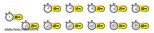 A collection of stopwatch icons displaying various minute intervals, each with a black and white dial and a yellow time label, representing countdowns, schedules, fast tasks and time management visual