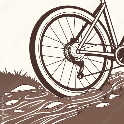 Illustration of a bicycle wheel riding through a shallow stream of water