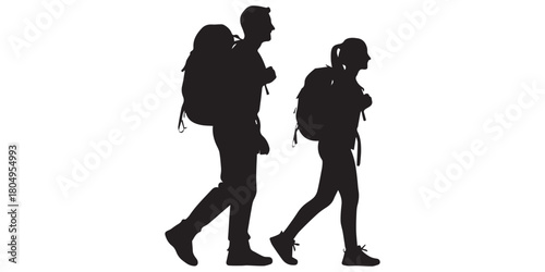 Silhouette of hiker. Collection of male and female hiker. mountaineer climber hiker people, vector silhouette collection. hiking man and woman with rucksack silhouette. Backpacker and climber people.