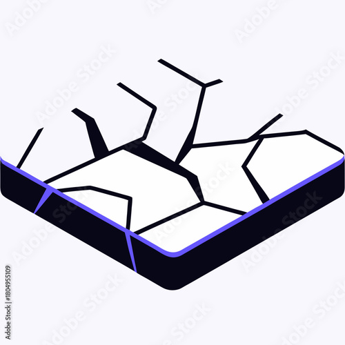 Isometric cracked surface with black lines isolated on