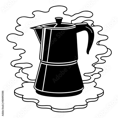 Moka pot with steam isolated on, a classic coffee maker