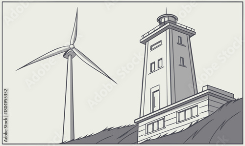 Lighthouse and wind turbine on a hill