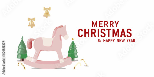 Pink rocking horse and christmas trees with bells and candy canes and merry christmas and happy new year text