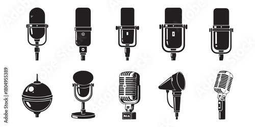 Various black silhouette microphones in different styles displayed on a white background.