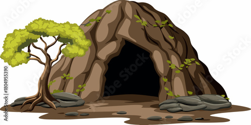 Illustration of a large cave entrance with a tree and rocks in a natural outdoor setting