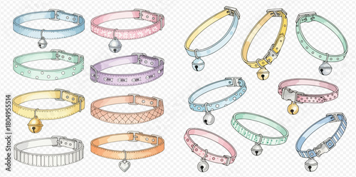 Vibrant collection of pet collars featuring bells and diverse patterns for cats and small dogs.
