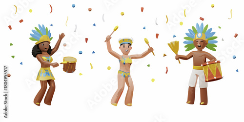 Three joyful people in colorful carnival costumes dancing and playing instruments with confetti falling