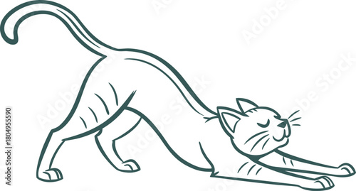 Line art of a cat stretching on a white background