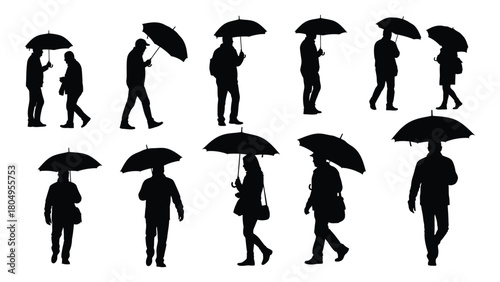 People with umbrellas silhouettes isolated on white background, Vector