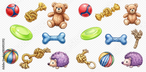 Collection of various colorful pet toys including balls, rope toys, frisbee, bone, teddy bear, and hedgehog on a transparent background.