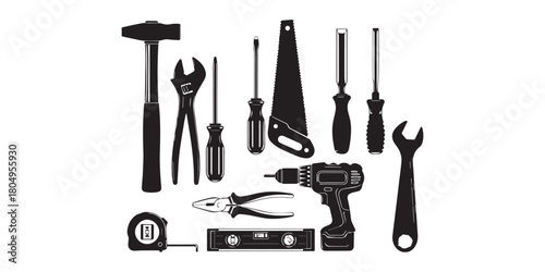 Collection of black and white carpentry tools isolated on white background in a vector format., Black silhouette of various hand tools arranged on a white background for construction work