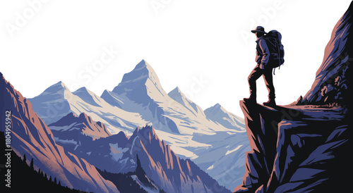 Silhouette Adventurer Standing on Cliff Edge Overlooking Mountain Landscape at Dusk Scenery Outdoor Activity Nature Exploration and Travel