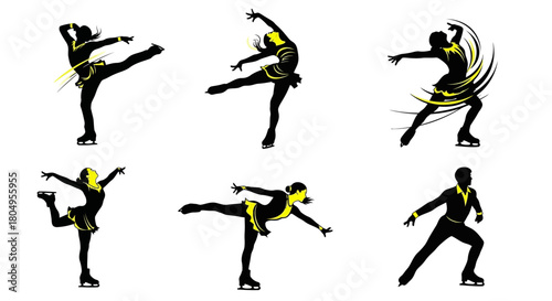 Elegant figure skaters performing graceful routines on ice, dynamic movement and precision, perfect for sports and performance illustrations, stunning artistic style