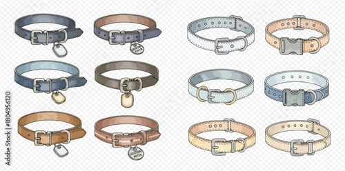 Illustrated collection of various pet collars in different colors and styles, featuring both traditional buckle and quick-release closures.