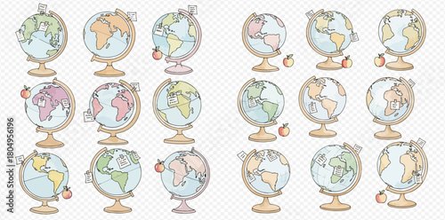 Collection of colorful cartoon globes with apples and flags, representing education and world geography.