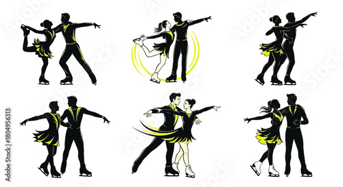 Elegant ice dancers performing artistic routines in silhouette style, conveying passion and grace on the ice, perfect for sports or entertainment themes.