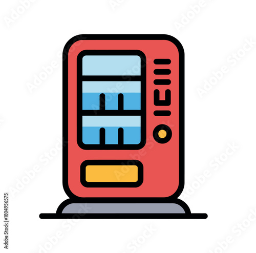 A red vending machine sits on a gray platform, offering various beverages and snacks.
