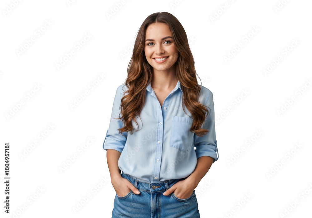 Obraz premium A young woman with long wavy brown hair wearing glasses and a light blue collared shirt and jeans with hands in pockets isolated on transparent background